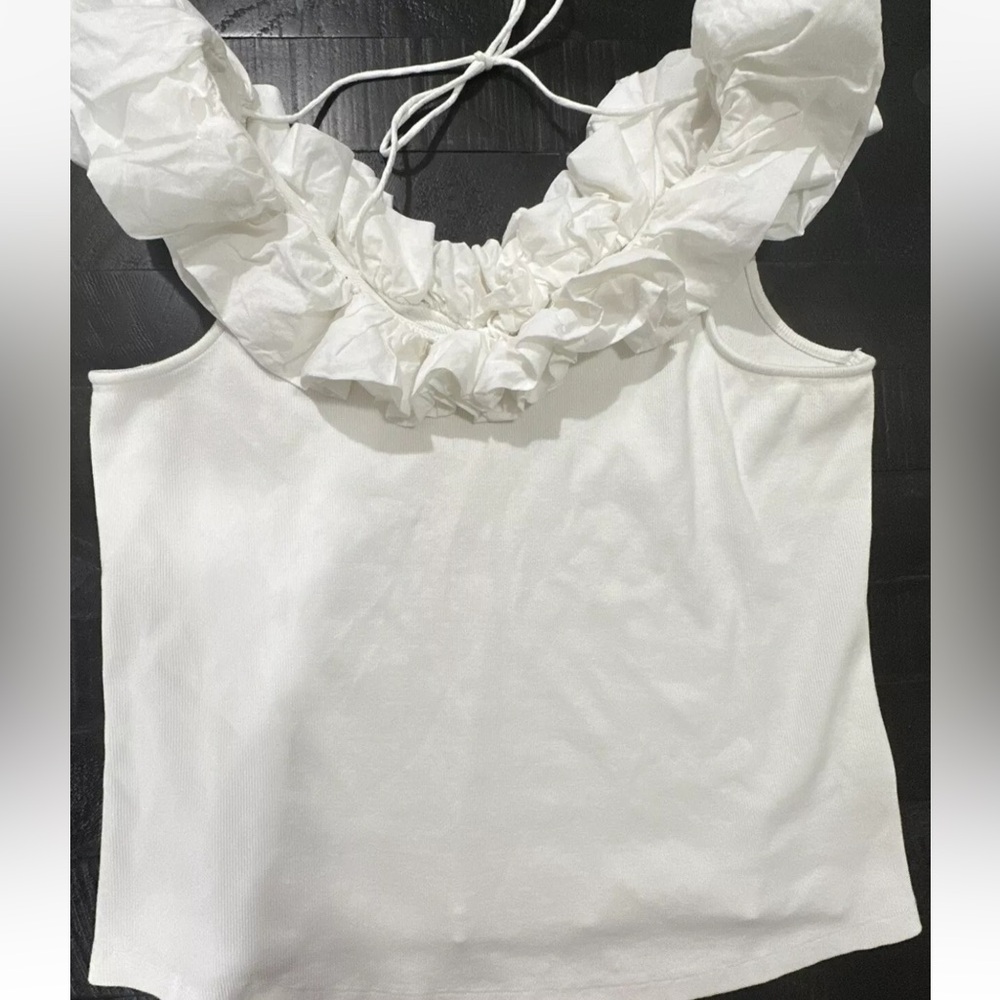 NWT Maeve By Anthropologie White Tank Ribbed Ruffle Collar Scoop Neck Sz… - Picture 3 of 10